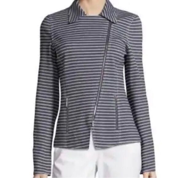 Lafayette 148 Julius Twill Moto Jacket
Asymmetrical Full Zip Striped Blue SZ 14 - Picture 2 of 5